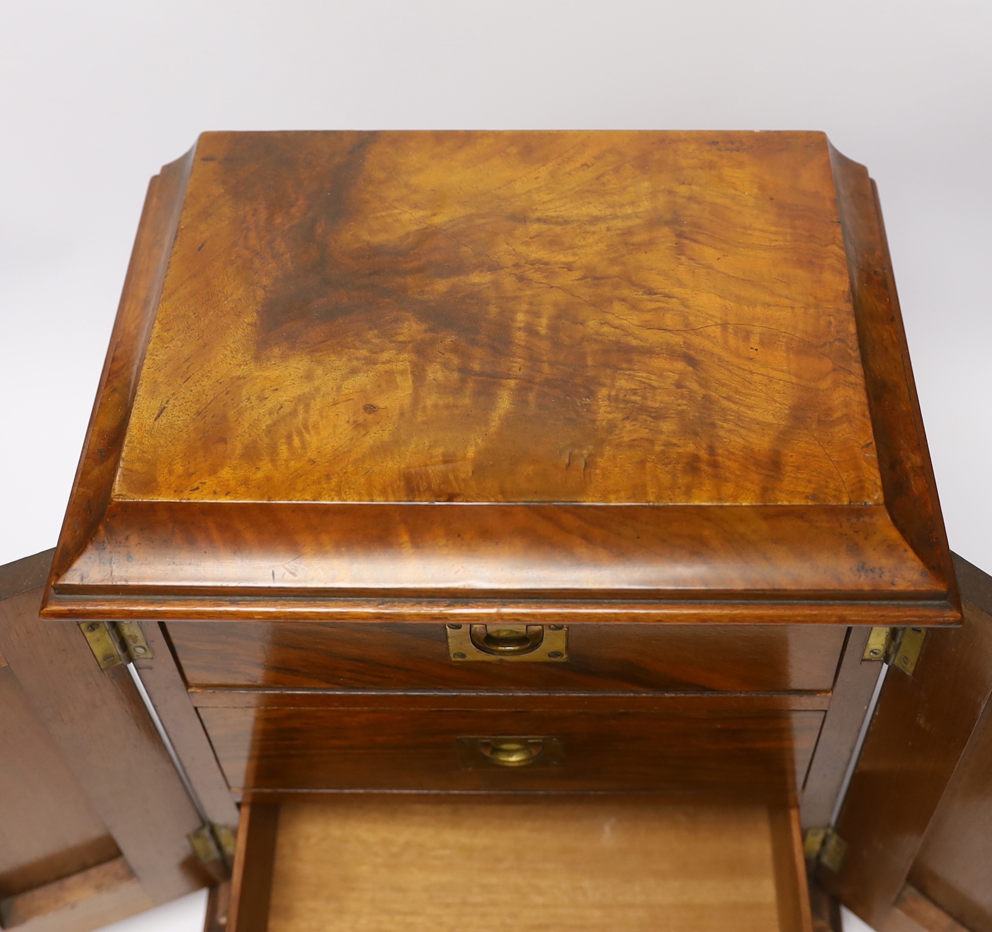A small Victorian three drawer walnut cabinet, together with a mahogany tea caddy, cabinet 35.5cm x 30cm wide